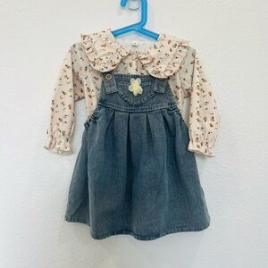 Toddler Floral Ruffle Shirt with Denim Overall Dress 2-PC Set 18-24 Month